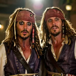 captain sparrow and anton chigurh in fear and loathing in las vegas movie, all faces are contorted, shock, repulsion, disgust, annoyance, cinematic still, movie still, long lens, shallow depth of field, bokeh, anamorphic lens flare, 8 k