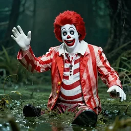 professional high quality photograph of creepy ronald mcdonald frolicking in a swamp