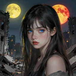 A beautiful picture of a blue eye suicidal girl against the background of ruins of a destroyed city and a yellow-red moon, artstation, extremely detailed, volumetric lighting, atmosphere, hyper realism, fantasy 4k