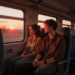 young couple sitting in the train wagon, view from the side, stunning volumetric lighting, sundown, trending on Artstation, 8k, photorealistic, hyper detailed, unreal engine 5, cinematic, epic lighting, cryengine, octane render, cyberpunk, red and orange glow