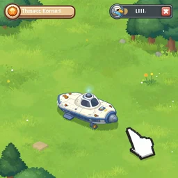 a small spaceship that needs repaired, on a grass field, from a point and click 2 d graphic adventure game, art inspired by [ thomas kinkade ] and [ mark keathley ]