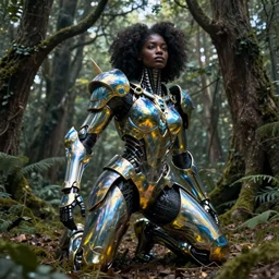 hyperrealistic maximalist super expressive! black woman with exoskeleton armor, merging with tree in a forest, highly detailed concept art masterpiece smooth cam de leon hannah yata dramatic pearlescent blue yellow light ground angle hd 8k sharp focus