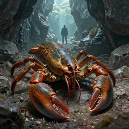 a giant dull colored crustacean lobster crab monster with huge claws in a rocky chasm. a man stands in the distance dreamy fantasy art by greg rutkowski