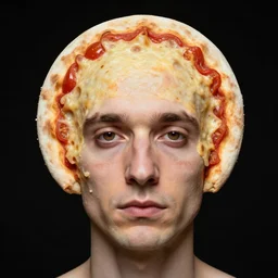 portrait of man with a rare facial deformity making the head flat and circular like a pizza, doughy skin with cheese - like structure, blemishes look like tomatoes, soft lighting, sharp focus, highly symmetrical, black background, masterpiece, case documented by paola agosti