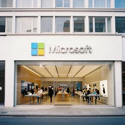 photograph of a Microsoft Samsung flagship store in the style of Wes Anderson, architecture magazine, dezeen, 50mm, pentax, film