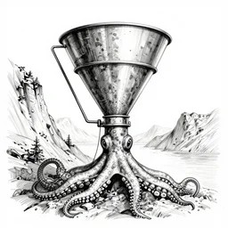 detailed ink drawing of a realistic giant metal funnel, on the thin side has arms of a cephalopod, it was found in the fjords on the slopes of mount generous,