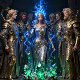 the female arcanist and the male artificer by zacharias aagaard and albert bierstadt and gerald brom and zdzisław beksinski and james gilleard and wayne barlowe and jean delville, beautiful, robes, highly detailed, hyperrealistic, intricate, energy, electricity, blue flame, low light, green crystal, high contrast