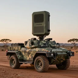 peaceful mobile camoflaged rugged weather station sensor antenna on all terrain tank wheels, for monitoring the australian desert,  XF IQ4, 150MP, 50mm, F1.4, ISO 200, 1/160s, dawn