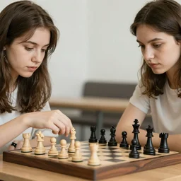 two young women playing chess. highly detailed. 8k. depth of field. photography