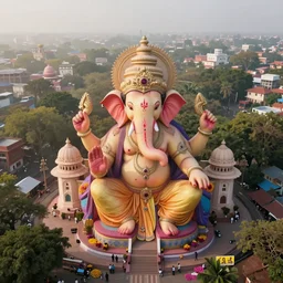 beautiful dreamy! biomorphic new delhi, ganesha!! building, kalighat flowers, octane highly detailed cinematic, stephen shore & john j. park, soft morning light, wide shot, aerial shot, uhd 8 k, shallow depth of field