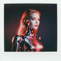 analog vintage photography portrait polaroid of a beautiful futuristic chrome female robot, red color bleed, heavy film grain, bloom, glow