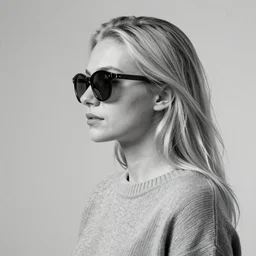 blonde woman wearing sunglasses and jumper, monochrome profile photography