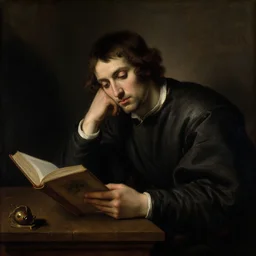 dark renaissance painting of a man pensively studying a book