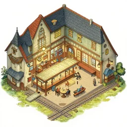 detailed details isometric colorfull building interior, small village railway station, fantasy, in the style of alex ross and moebius