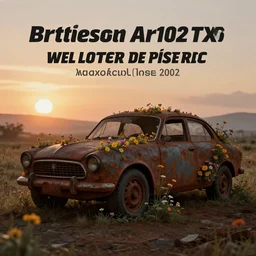 a rusty car made of retrofuturistic and flowers, sunset, hazy, volumetric lighting, rtx on, washed out dark colors, an award - winning digital render, beautiful, stunning, ultradetailed, great composition