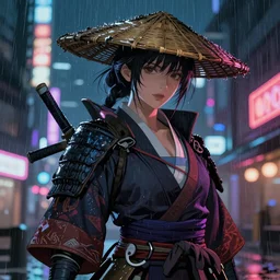 Beautiful female samurai, with straw hat, cyberpunk 2077, city background, rainy night, neon glow concept art, sharp focus, intricate, digital painting, artstation, official media, anime key visual, highly detailed, rich vivid colors ambient lighting, illustration, art by Artgerm, Makoto Shinkai, Ilya Kuvshinov, Lois Van Baarle and Rossdraws