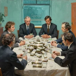 four men at a large table and many stacks of money, pile of money, highly detailed oil painting by francis bacon, edward hopper, adrian ghenie, glenn brown, soft light, teal and orange, 4 k,