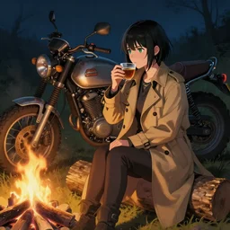 a girl from final fantasy live action, with short black hair and green eyes in a tan trenchcoat sitting on a log and drinking tea by the campfire by her dieselpunk motorcycle at night, award winning, masterpiece digital painting by greg rutkowski, alex grey, artstation, 4 k wallpaper