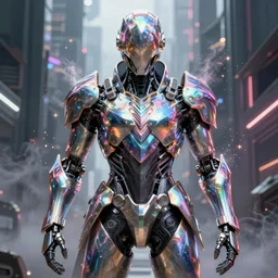 Ultra realist and ultra intricate detailed painting of an powerful armored iridescent assassin biomechanical with armor, symmetry, rich style, glowing iridescent sparks and smoke behind, cyberpunk megastructure background, artstation, unreal render, depth of field