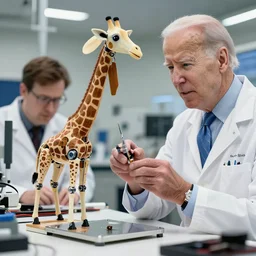 robot giraffe being worked on by scientists joe biden