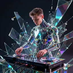 vaporwave cybernetic dj made of fractured glass, multi colors, prisms, mirrors, reflections by andrei riabovitchev, trending on artstation, dramatic lighting, octane render, weta digital, micro details, 3 d sculpture, structure, ray trace, insane details, intricate, elite, ornate, elegant, octane, hyper detailed, trending on deviantart,