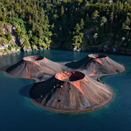 geometric volcanoes melting into ocean forest cliffs in space