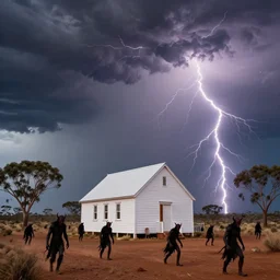 massive australian thunderstorm with lightning around a small white wooden church in the outback. a multitude of demons are approaching the church. 4 k