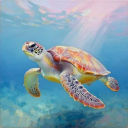 seaturtle underwater, pastel colors, oil on canvas, trending on artstation, godrays, 4 k