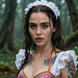 beautiful emilia clarke as a beautiful tattooed female maid wearing a magical bikini in a magical raining forest, highly detailed and realistic face, rain drops on face, beautiful detailed eyes with a piercing gaze, fantasy art, in the style of artgerm, illustration, epic, fantasy, intricate, hyper detailed, artstation, concept art, smooth, sharp focus, ray tracing, vibrant, photorealistic