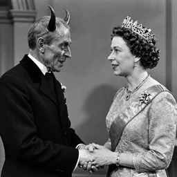 Black and White photograph of Queen Elizabeth the second holding hands with the Devil, 4k, highly detailed, 1952