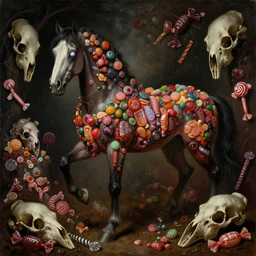 renaissance style painting of a horrifying evil candy themed horse, surrounded by different kinds of candy and bones, evil candy mare, extremely scary, extremely detailed!!!, dark themes, dim lighting, gothic style painting, horse skulls everywhere, horrifying, grim colors, dark dramatic lighting, empty horse eyes