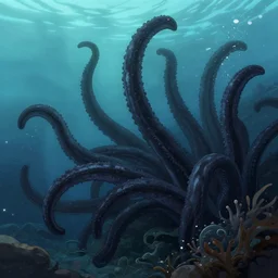 “a swarm of black tentacles underwater, underwater nature photography, anime style, deep water, abyss, horror”