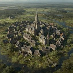 airborne view of a downtrodden medieval town by a river in a swamp, 4k, by Greg Rutkowski, fantasy, mix of celtic and Rus architecture, cinematic