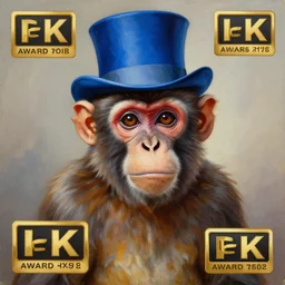 a beautiful oil painting of a monkey in a blue top hat , 8k , award winning