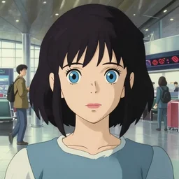 a full body portrait of a 1 9 5 0's austronalt disney style girl, blue eyes, finely detailed features, closeup at the faces, perfect art, in the airport yard, gapmoe yandere grimdark, trending on pixiv fanbox, painted by greg rutkowski makoto shinkai takashi takeuchi studio ghibli, akihiko yoshida,