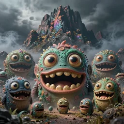 of a dark and smokey mountain with large strange cute friendly creatures with big eyes, mouth and round teeth appearing from the ground, in the style of Giger, macro lens, shallow depth of field, highly detailed, digital painting, trending artstation, concept art, illustration, cinematic lighting, vibrant colors, photorealism, epic, octane render