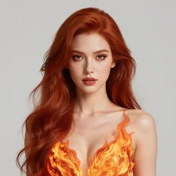a highly detailed headshot portrait of a beautiful red haired woman wearing a dress made of fire concept art