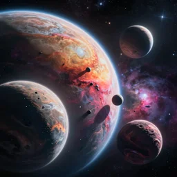 a stunning vista of alien planets, vibrant, nebula, space, science fiction