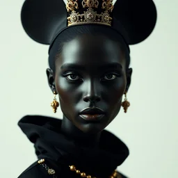 black queen in the shape of mickey mouse, face symmetry, gucci photoshoting, symmetry, photo shooting gucci, by tom bagshaw and gucci