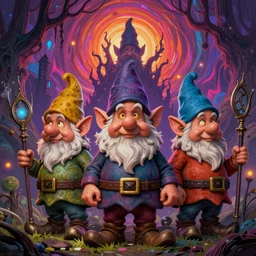 hyperdetailed psychedelic horror fantasy portrait of gnomes by wayne barlowe and beeple, vivid color, album cover,