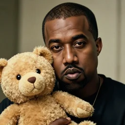 cinematic photograph of Kanye West with a anthropomorphic teddy bear, close up, portrait, album cover, shallow depth of field, 40mm lens, gritty, textures