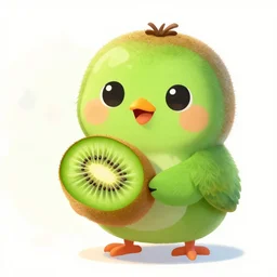 cute kiwi bird holding a kiwi fruit, concept art, illustrated, highly detailed, high quality, bright colors, optimistic,