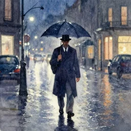 a watercolor painting night watchman walking on a rainy night