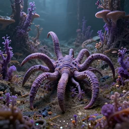 a complex, elaborate organism descended from a segmented hydrazoan with six limbs and trilateral symmetry that occupies a fungus rich low gravity alien landscape with violet accented chemosynthetic flora, photorealistic graphic 3 5 mm lens