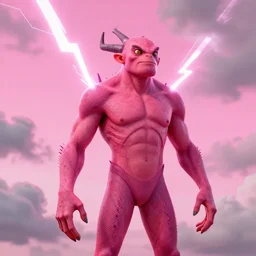 a cyclops, pink summer sky with grey coulds + lighting bolt!!!, transcendent, vibrant color, clean linework, finely detailed, 4 k, trending on artstation, photorealistic, volumetric lighting, octane render