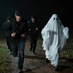 cinematic lighting photograph of proffesional Ghost hunters running away from a person acting like a ghost wearing a white cloth over body chasing them