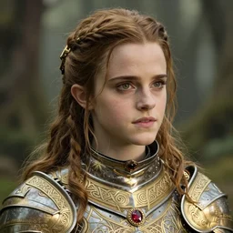 head and shoulders portrait of a female knight, young emma watson, golden etched armor, lord of the rings, celtic hair braid, eldritch ruby amulet, sylvan glade, by artgerm, alphonse mucha, face detail, sharp focus, high key lighting, vogue fashion photo