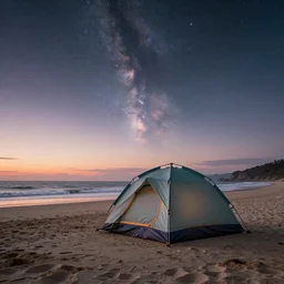 a camping tent, on a stunning beach, on a distant planet, under a beautiful sky filled with stars :: nicely landscaped :: 8k :: hyperrealistic :: cinematic :: wide angle :: epic ::