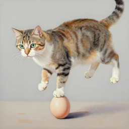 a gouache painting of a cat balancing on eggs