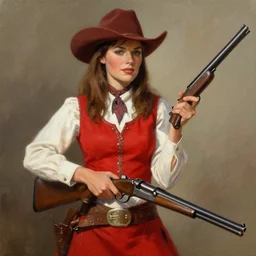 a woman in a red wild west dress holding a shotgun, realistic painting by drew struzan, anatomically correct, beautiful, soft lighting, artstation